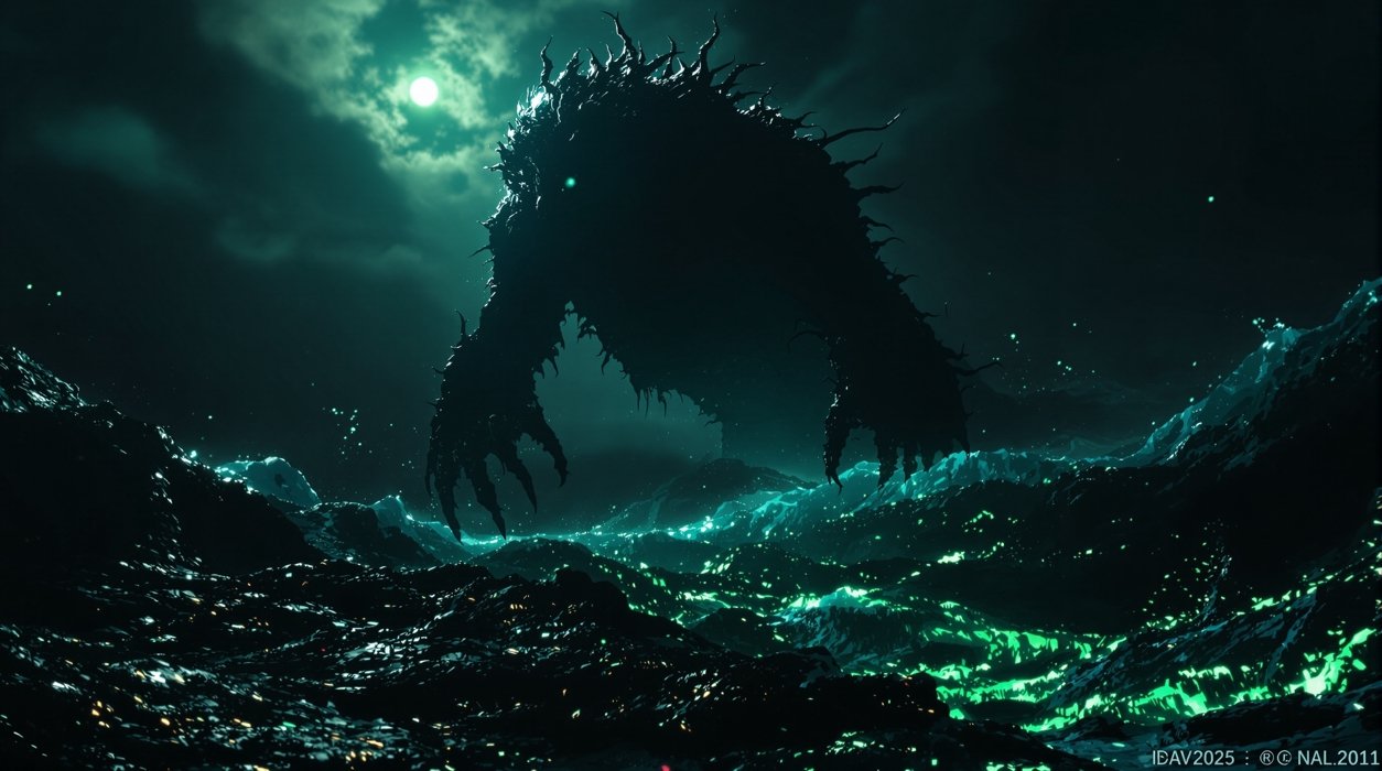 深海恐惧专题封面，幽暗深海中发光的巨型轮廓